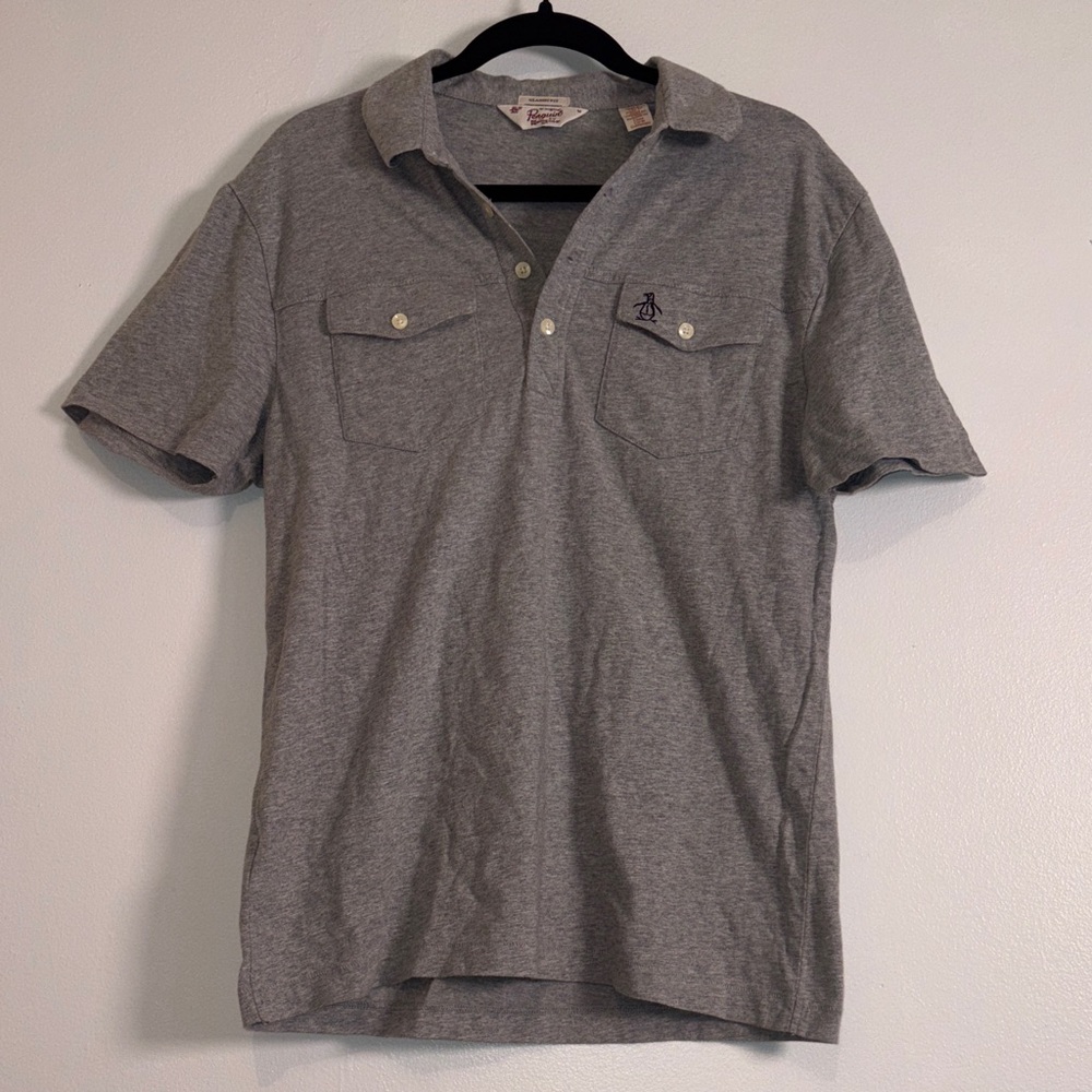 Original Penguin Polo Shirt Mens Medium Gray Short Sleeve Logo Pocket Preppy Gol